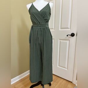 Kayleigh, Rica knit jumpsuit, green with vertical stripes, size medium, v-neck